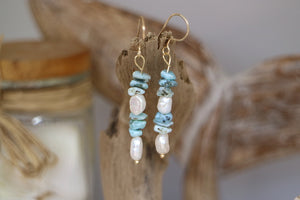 Fresh water pearls and larimar gold earrings