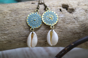 Blue patina and antique bronze shell earrings