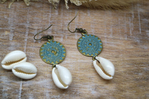Blue patina and antique bronze shell earrings