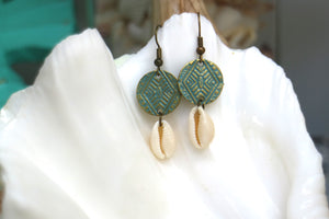 Blue patina and antique bronze shell earrings