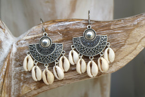 Silver bohemian cowrie shell earrings