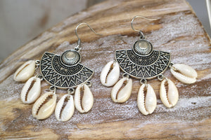 Silver bohemian cowrie shell earrings
