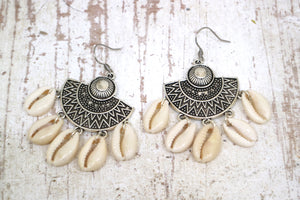 Silver bohemian cowrie shell earrings