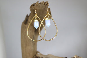 Opalite crystal point gold teardrop hoop earrings