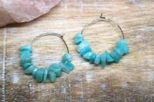 Amazonite gemstone chip earrings on stainless steel hoops