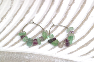 Fluorite gemstone chip earrings on stainless steel hoops