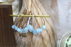Aquamarine gemstone chip earrings on stainless steel hoops