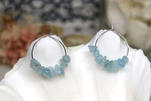 Aquamarine gemstone chip earrings on stainless steel hoops