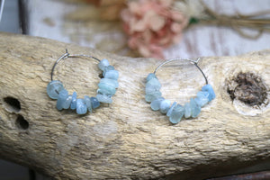 Aquamarine gemstone chip earrings on stainless steel hoops