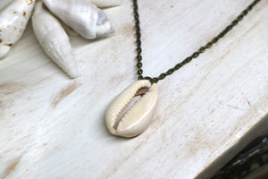 White cowrie shell antique bronze necklace