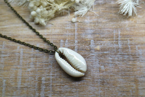 White cowrie shell antique bronze necklace