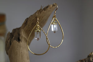 Clear Quartz crystal point gold teardrop hoop earrings