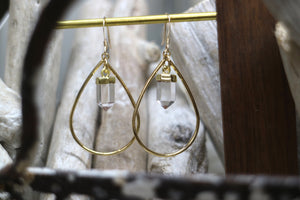 Clear Quartz crystal point gold teardrop hoop earrings