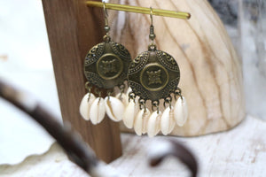 Cowrie shell and antique bronze bohemian earrings