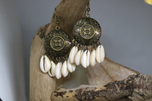 Cowrie shell and antique bronze bohemian earrings