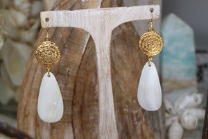 Mother of pearl shell and gold rune symbol earrings