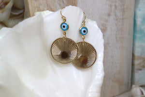 Blue evil eye protection gold earrings