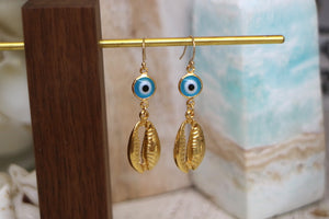 Blue evil eye protection and shell gold earrings