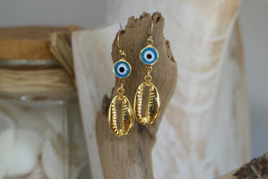 Blue evil eye protection and shell gold earrings