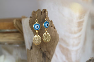 Blue evil eye protection gold earrings