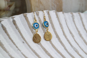 Blue evil eye protection gold earrings