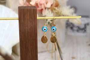 Blue evil eye protection gold earrings