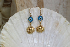 Blue evil eye protection and sun gold earrings