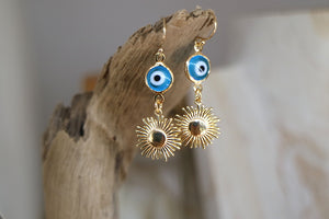 Blue evil eye protection and sun gold earrings