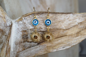 Blue evil eye protection and sun gold earrings