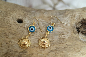 Blue evil eye protection and sun gold earrings