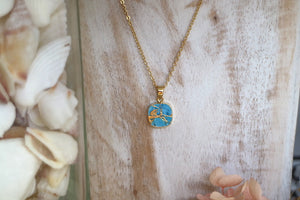 Blue turquoise square cut gold necklace