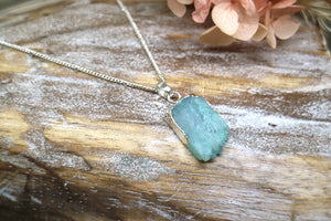 Blue Druzy Quartz Crystal Silver Necklace