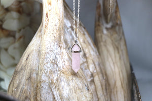 Rose quartz point silver necklace