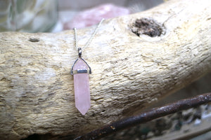 Rose quartz point silver necklace