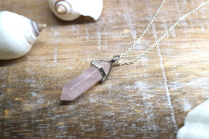 Rose quartz point silver necklace