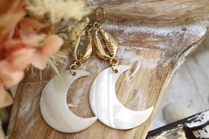 Gold pearl and cowrie shell earrings