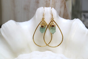 Fluorite crystal point gold teardrop hoop earrings
