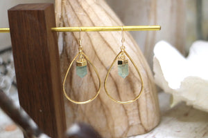Fluorite crystal point gold teardrop hoop earrings