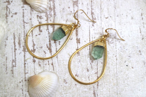 Fluorite crystal point gold teardrop hoop earrings