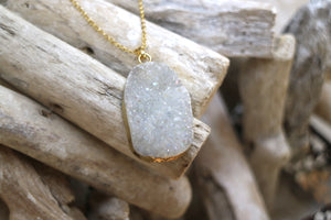 White druzy aura quartz gold necklace