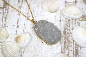 White druzy aura quartz gold necklace