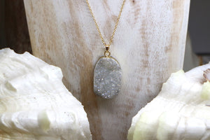 White druzy aura quartz gold necklace