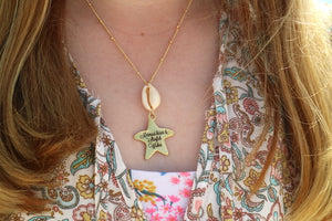 Gold cowrie shell and mermaid kisses & starfish wishes starfish pendant necklace