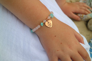 Childrens rose quartz and amazonite bead bracelet with rose gold beach girl charm