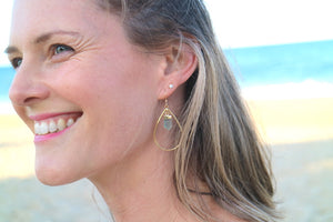 Fluorite crystal point gold teardrop hoop earrings