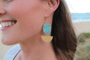 Turquoise gemstone gold earrings with gold-plated hammered and polished half moon charms