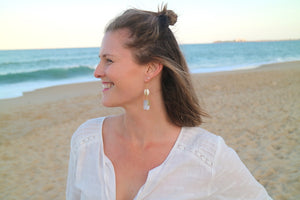 White Druzy Quartz crystal gold earrings with white and gold cowrie shells