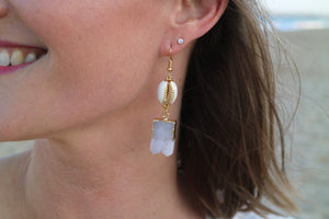 White Druzy Quartz crystal gold earrings with white and gold cowrie shells