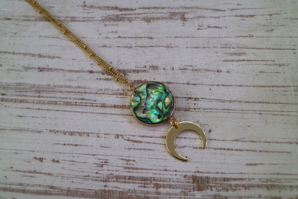 Load image into Gallery viewer, Paua Shell Gold Necklace with Moon Charm
