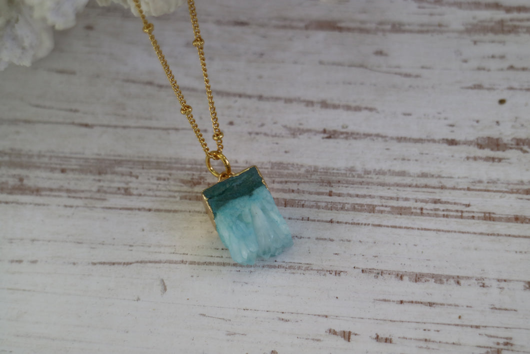 Blue Druzy Quartz Crystal Gold Necklace